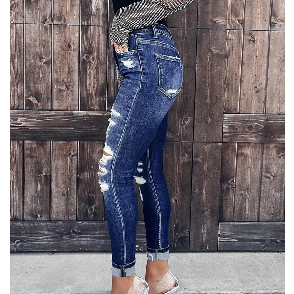 Jeans Women Ripped Washed Hole Blue Casual Ripped Jeans High Waist Skinny Summer Denim Trousers Pencil Pants