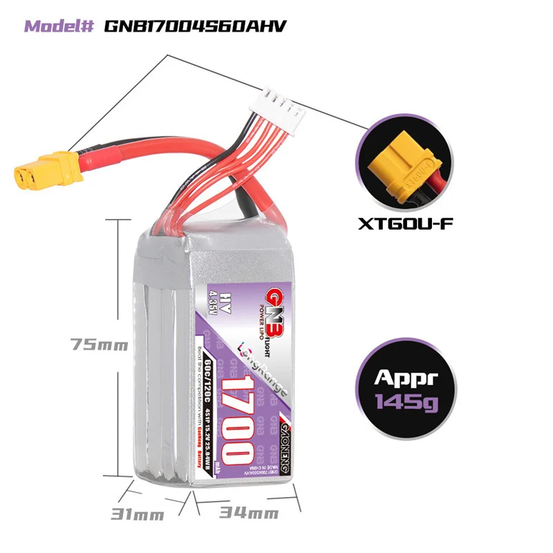 3szt. akumulatorów Lipo Max 120C GNB 4S 15.2V 1700mAh do dronów wyścigowych FPV RC Racer Helicopter 15.2V z wtyczką XT60