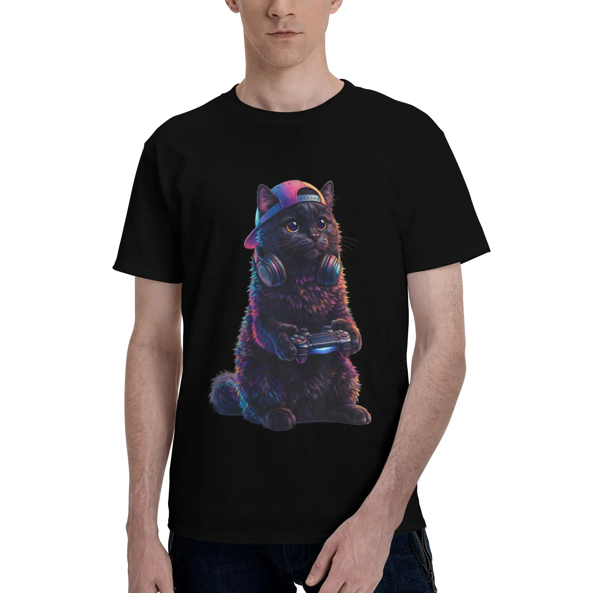 Gamer Cat Playing Video Games Funny Cat Gaming Men's T-Shirt Clothes  Tee Shirt Short Sleeve fugees Pure Cotton