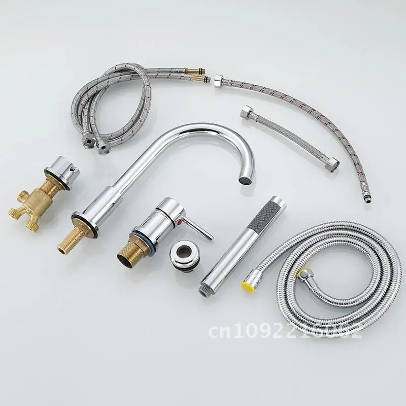 

4Piece Handheld Black Bathroom Dual Handle Bath Faucet Deck Mounted Hot Shower Tub Set Tap Water With Cold Hand Mixer