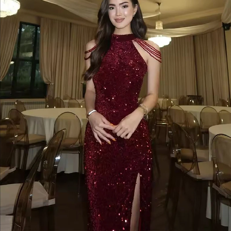 

Sequins Fish Tail Side Slit Dress Wedding Round Collar Custom Made Elegant Party Dresses Woman 2025 Luxury Evening Dress
