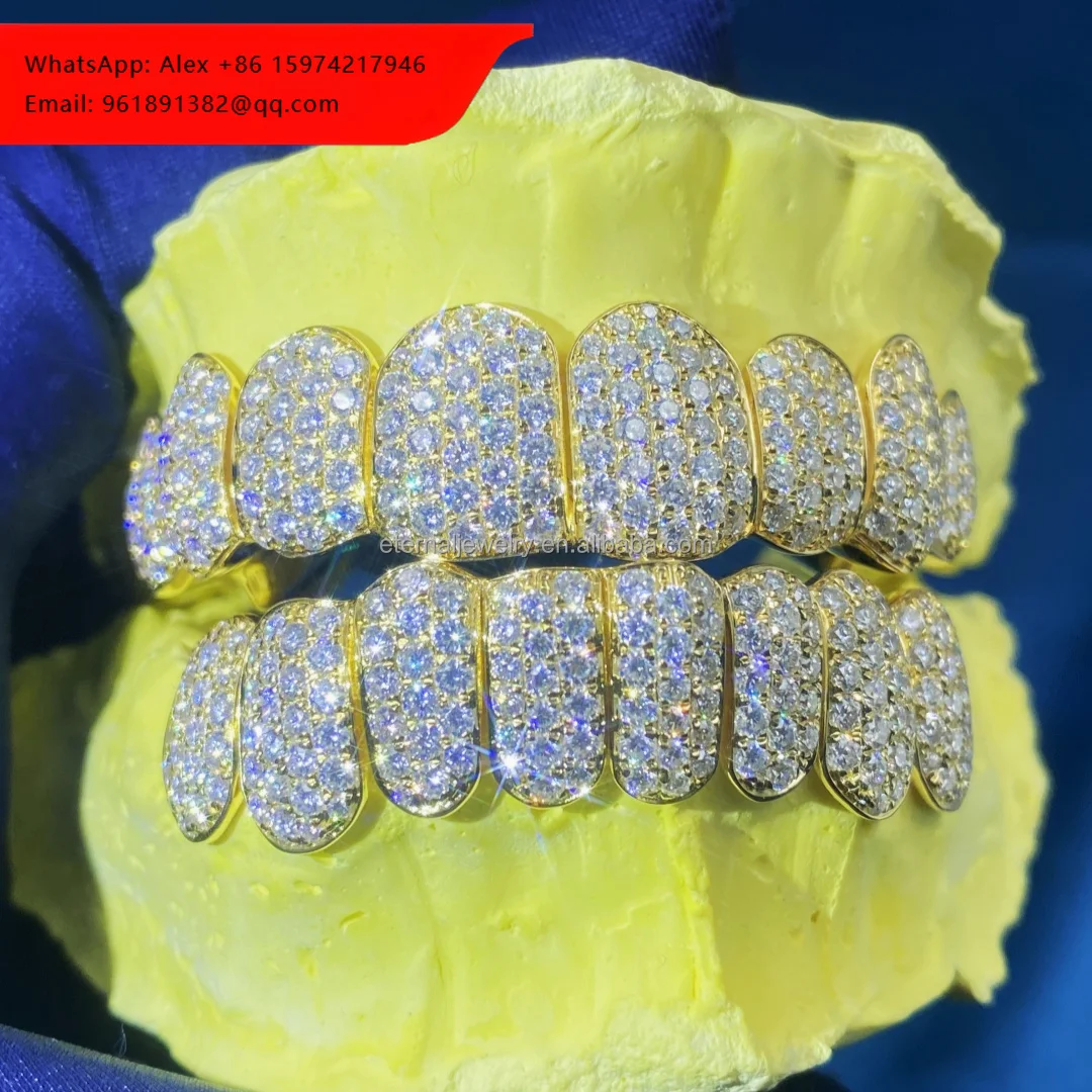 

Custom Big Stone Grillz 8 On 8 Deep Perm Cut Vvs Moissanite Hip Hop Grillz Iced Out S925 18k White Gold Custom Moissanite Grillz