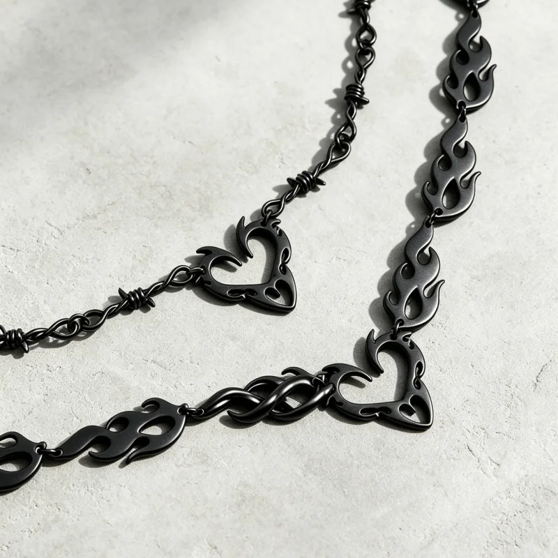 2-piece Gothic style black flame barbecue line hollowed out heart-shaped pendant necklace set with stackable layered chain jewel