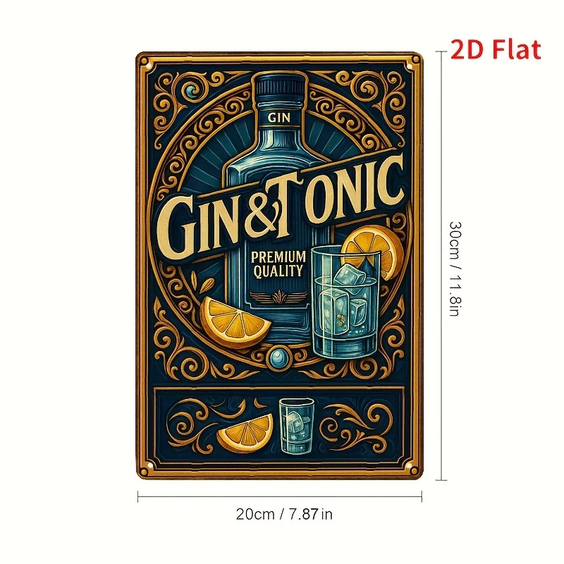 1pc 20.32 × 30.48 cm 2D Flat Sign / GIN & TONIC Poster aluminum Sign / Metal Wall Art / Fun Vintage Plaque Decoration