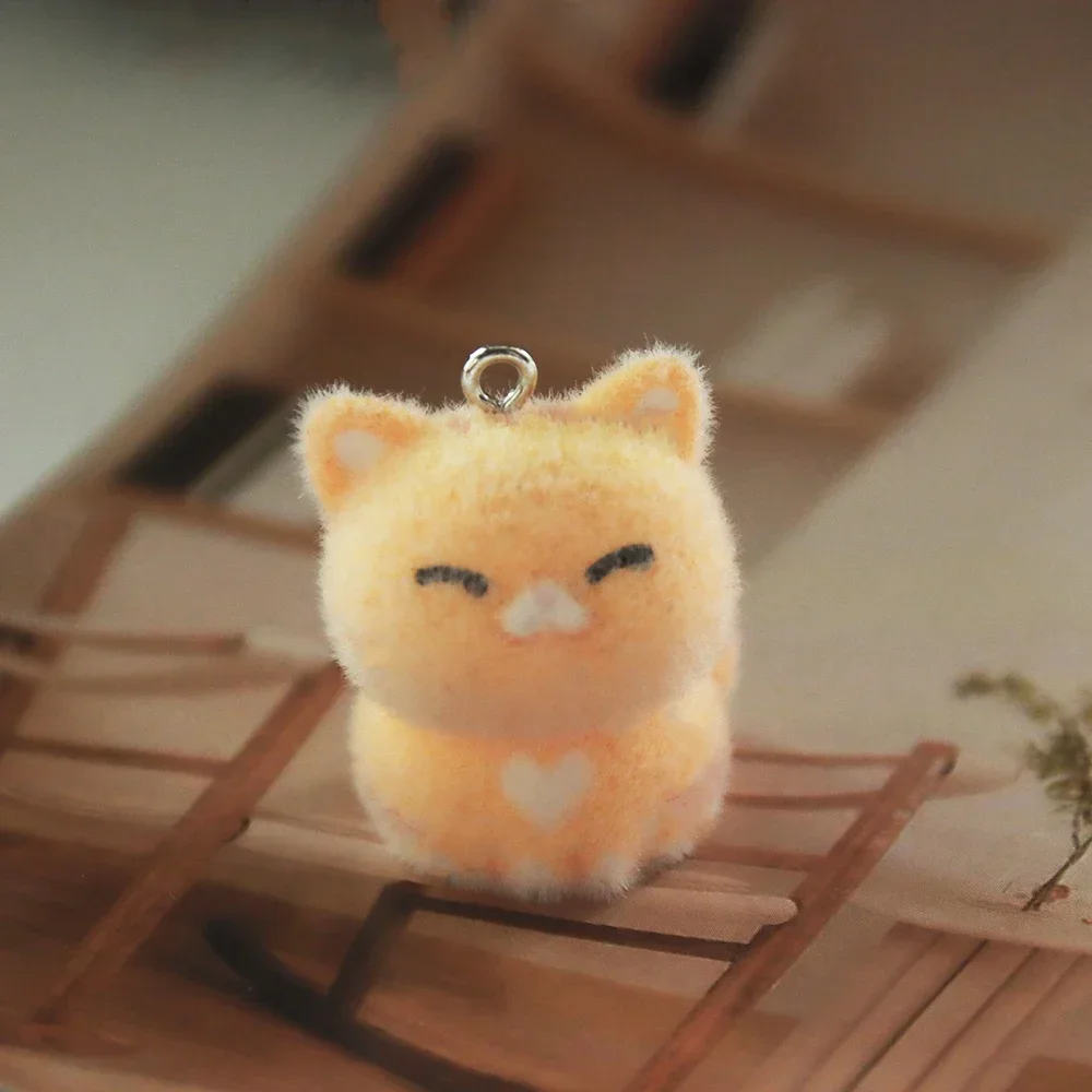 20Pcs 3D Cute Flocked Orange Cat Resin Charms Cartoon Plush Animal Cat Pendant For Bag Keychains Earring DIY Crafts Jewelry Make