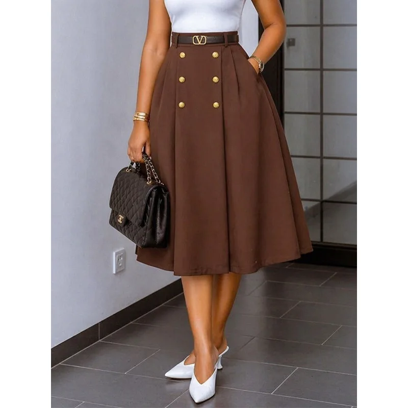 Slergiri Solid Color Double Breasted A-line Skirt Women Fashion New 2026 Summer High Waist Elegant Office Ladies Long Skirts