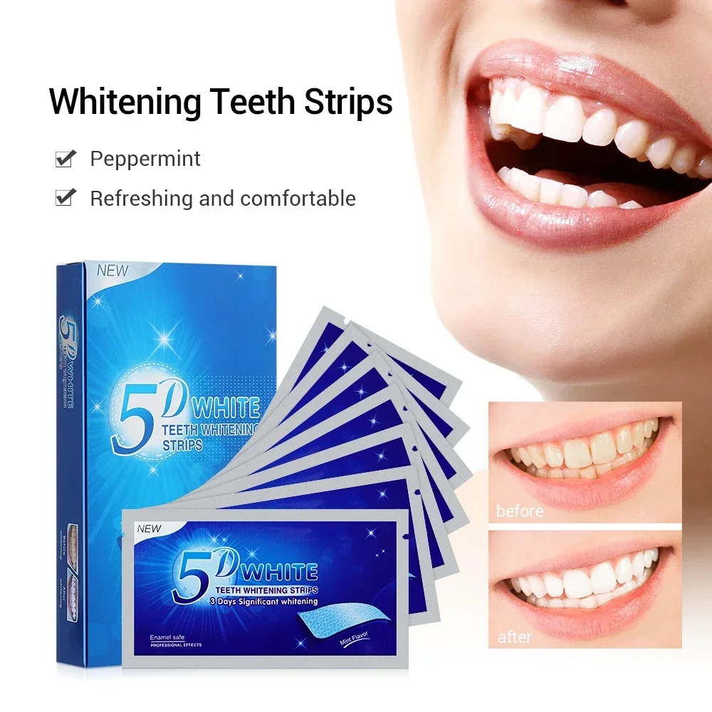 5D Teeth Whitening Strips Whiten Tooth Gel Remove Plaque Stains Tea Coffee Stains Bleaching Dental Tools Bright White Teeth Care