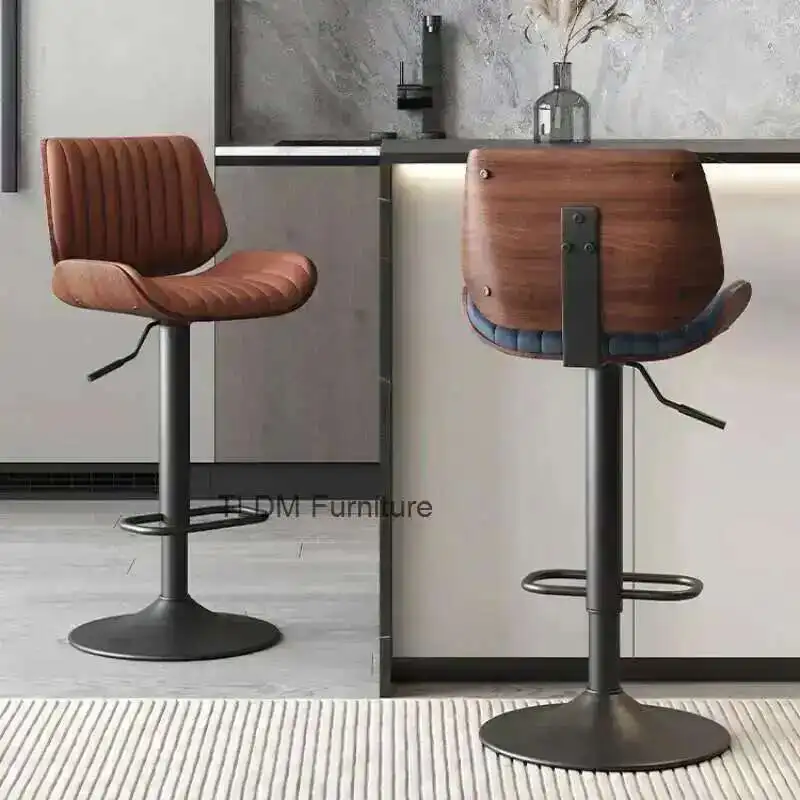 Luxury Solid Wood Bar Chair Home Nordic Leather Bar Stool Island Platform Designer Modern Simple Chair Benches for Kitchen Bar