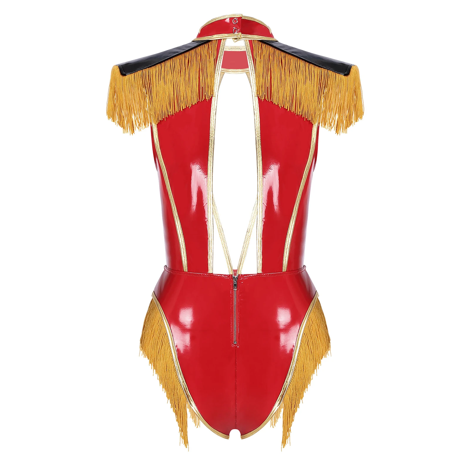 Women\'s Circus Ringmaster Lion Trainer Halloween Costume Adult Metallic PVC Leather Deep V Neck Tassels Leotard Bodysuit Teddy