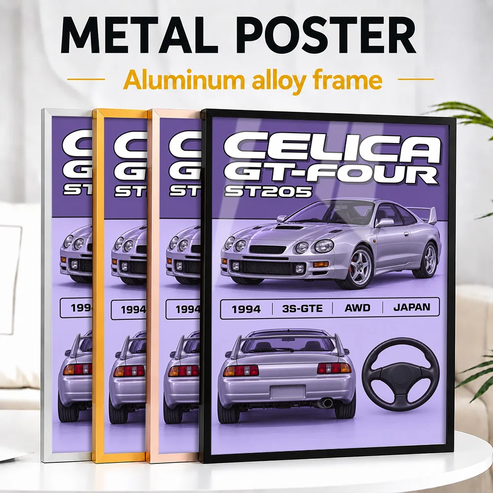 Japanese Celica Gt-Four ST205 Silver Metallic Sports Car Framed Metal Print Customized Road Icon Tribute Wall Art For Game Room