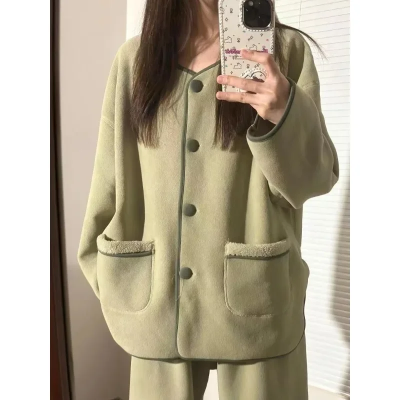 Coral Velvet Pajamas Women Autumn and Winter Long-sleeved Pants 2 Piece Set New Padded Thickened Flannel Homewear Clothing Suit