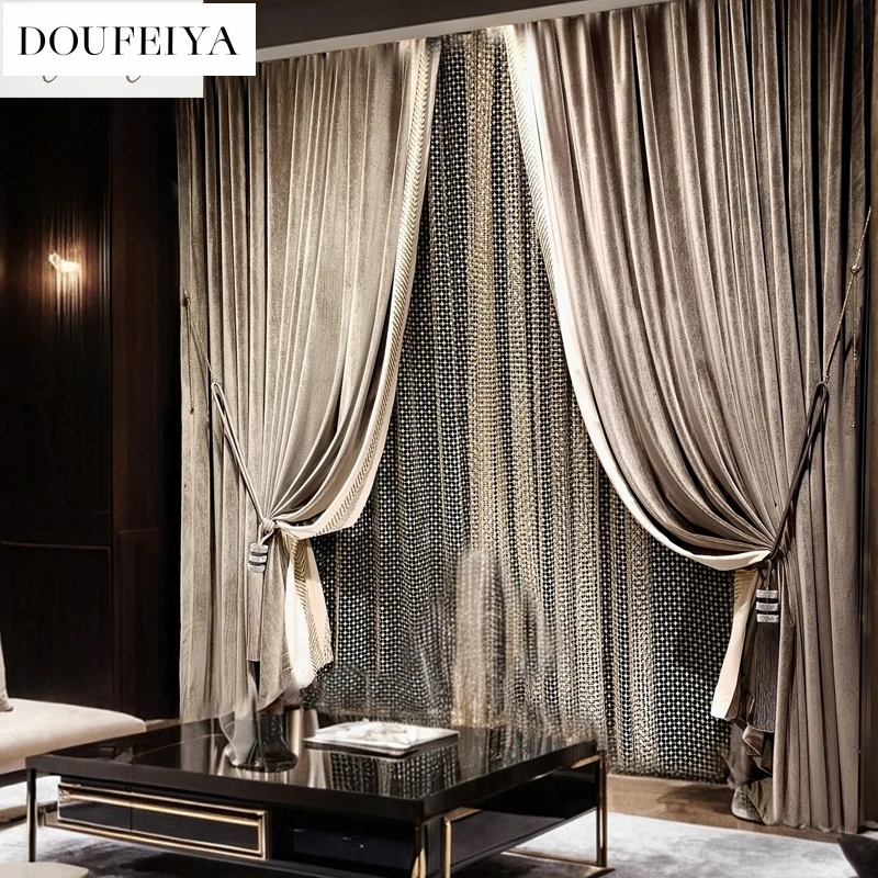 

Light Luxury Curtains for Living Room High-end Italian Style Velvet Embroidery Blue Milk Brown Curtains High-end Custom Size
