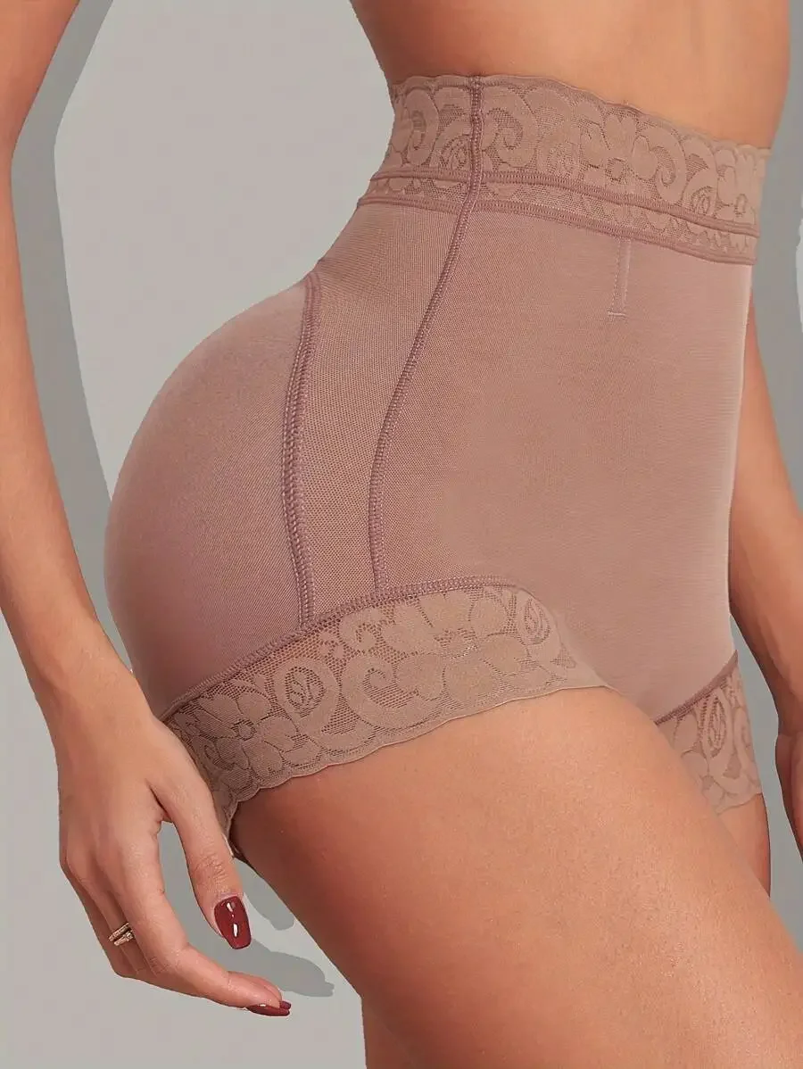 1 unidad de pantalones cortos moldeadores con decoración de encaje, bragas cómodas y transpirables para control del abdomen y levantamiento de cadera, panty y faja para mujer