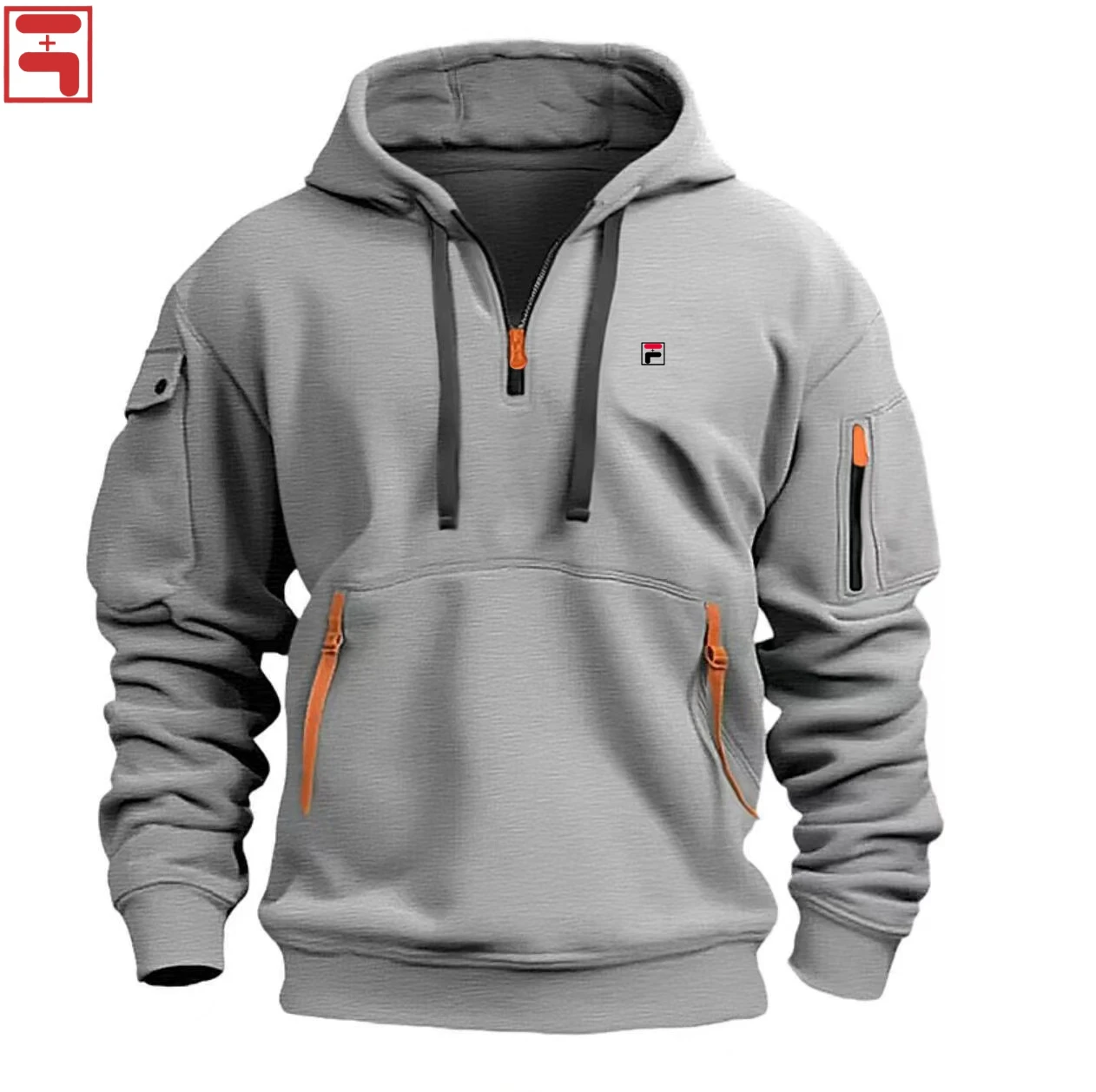 

FD16760874 Men's hooded sweatshirt casual sports pullover retro long sleeved zipper multiple pockets casual loose jacket stre