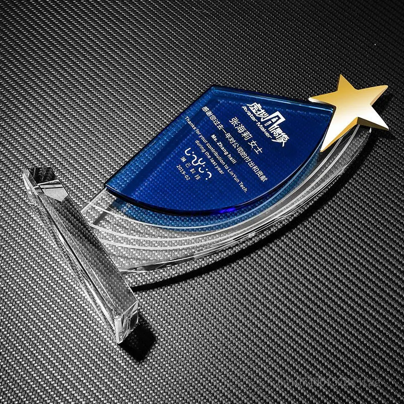 Creative Metal Five-Star Trophy, Crystal Trophy, Blue Transparent Honor Souvenir, Home Decoration, Sandblasting Carving, New,1Pc