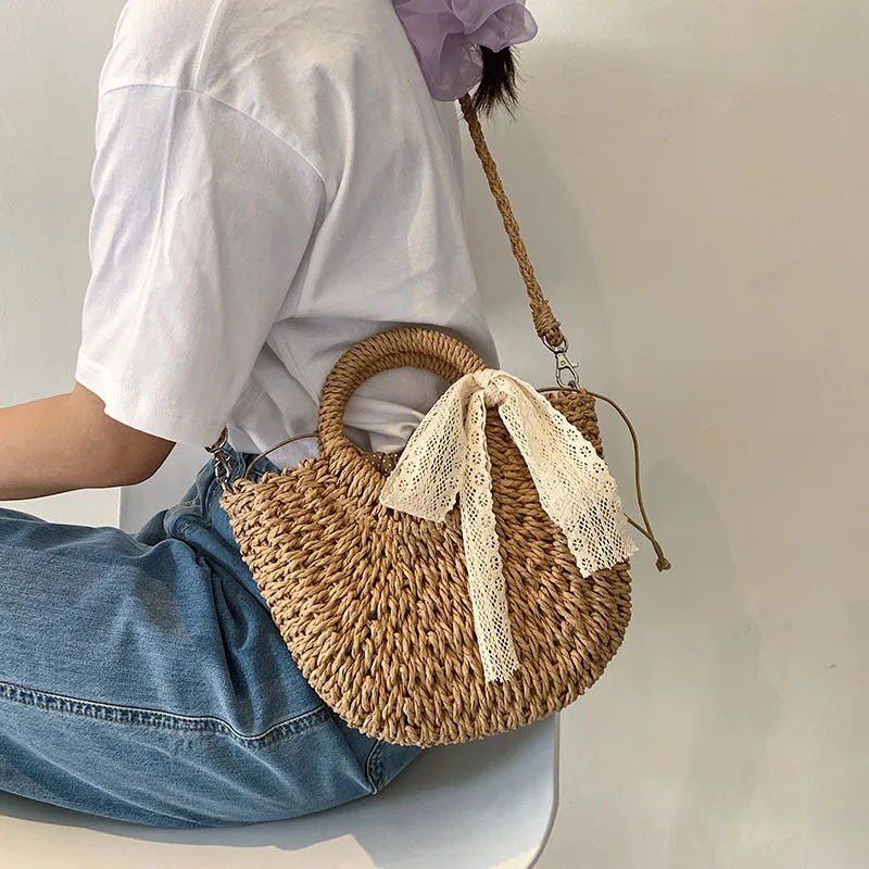 Straw Bag Women Hand-Woven Handbag Moon Shape Lace Bow Rattan Bag Big Capacity Drawstring Casual Beach Shoulder Crossbody Bag