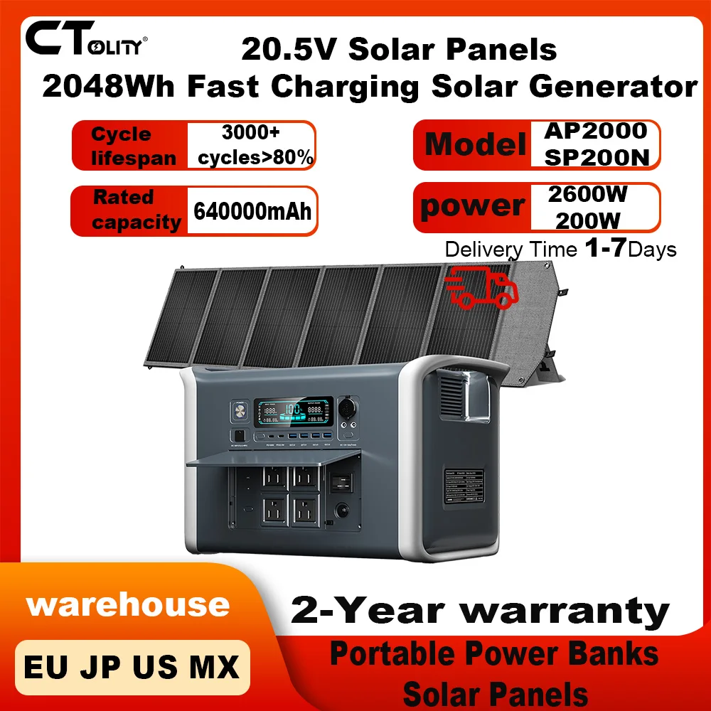 

Outdoor Camping 640000mAh 2600W Portable Power Station 2048Wh Fast Charging 200W 20.5V Foldable Portable Solar Panels Fishing RV