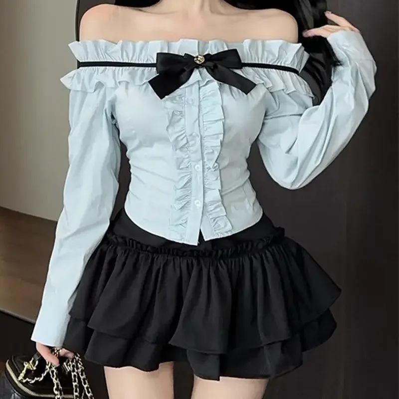 

One Shoulder Bow Tie Shirt for Women New Korean Version Pure Desire Unique Design Slimming and Slimming Top