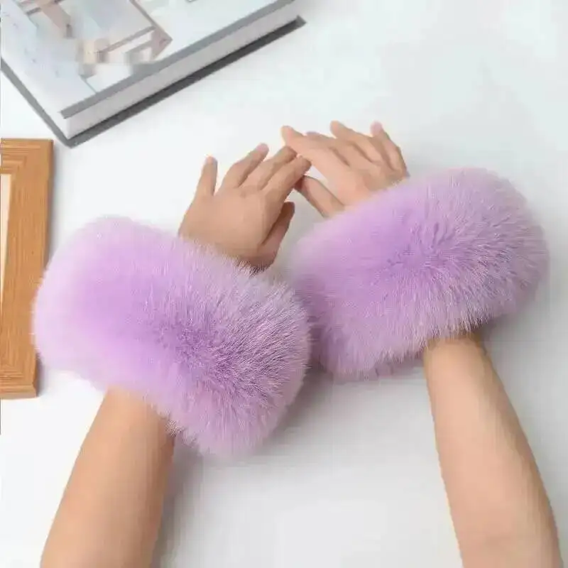 Women 100% Real Fox Fur Wrist Cuffs Winter Warmer White Arm Warmers Covers Luxury Natural Fashion Lady Detachable Sleeves