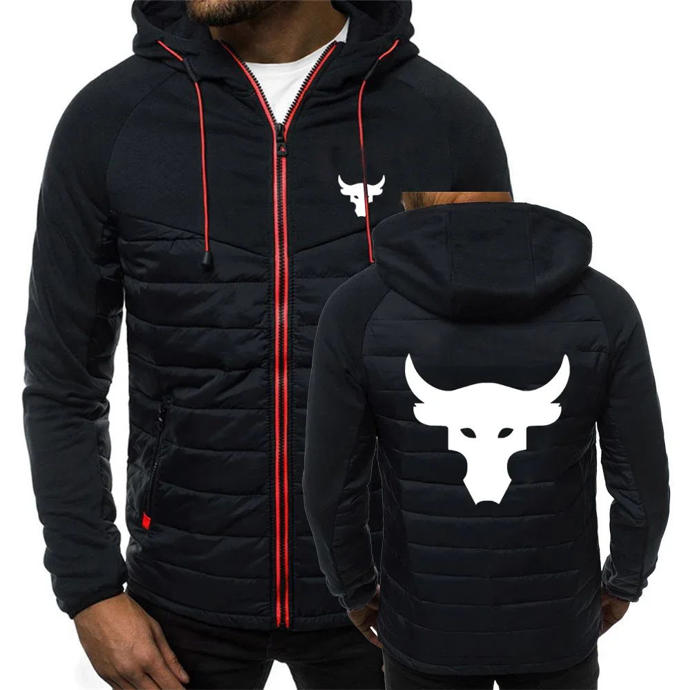 Dwayne Johnson Brahma Bull Tattoo Logo Print Spring Autumn Men's Harajuku Classic Solid Color Patchwork Zip Hooded Cotton Jacket