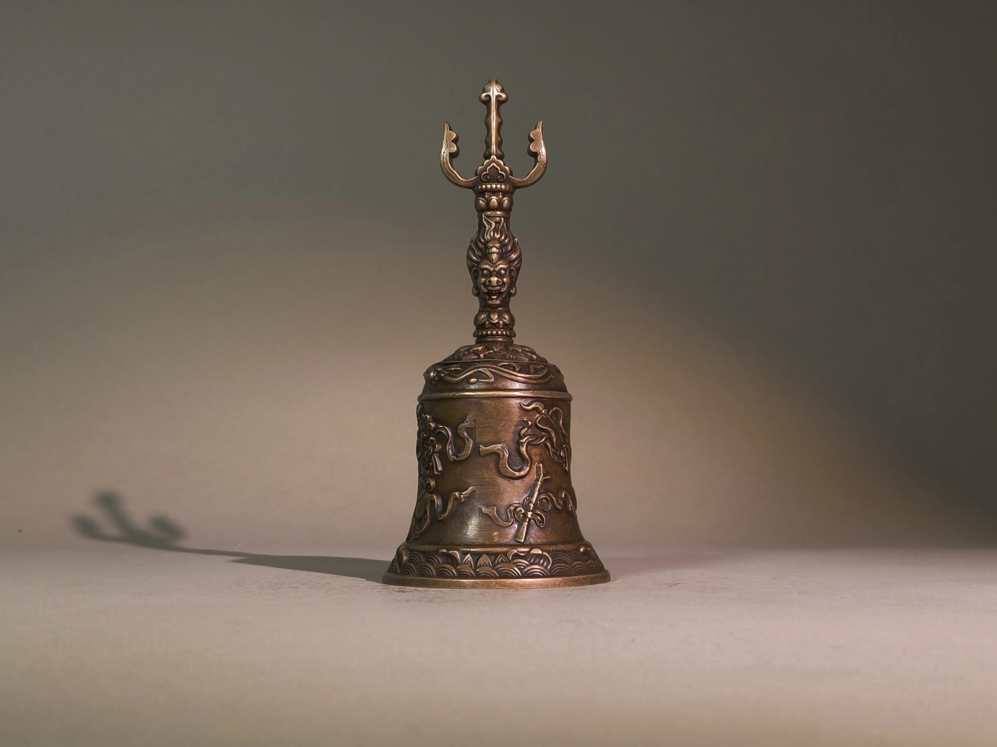 Pure Copper Eight Treasures Sanqing Bell, Three-pronged Hand Bell, Tibetan Copper Ornament for Home Desktop, Antique Collectible