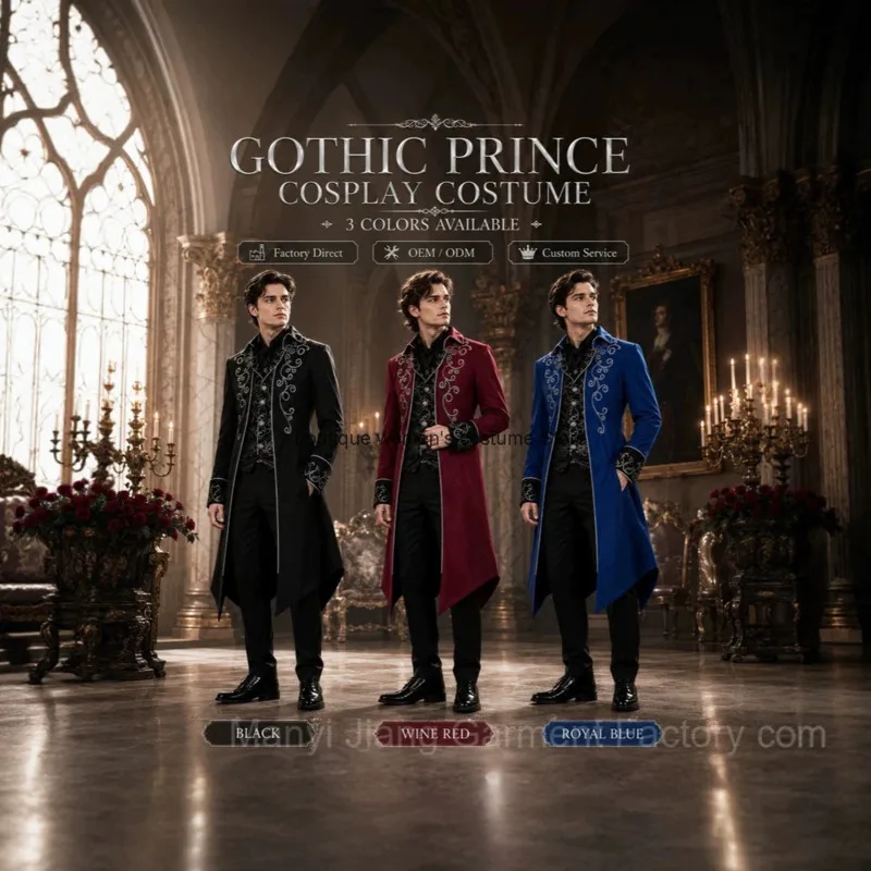 Mens Gothic Punk Tail Coat Vintage Medieval Embroidered Jacket Halloween Stage Performance Cosplay Costume