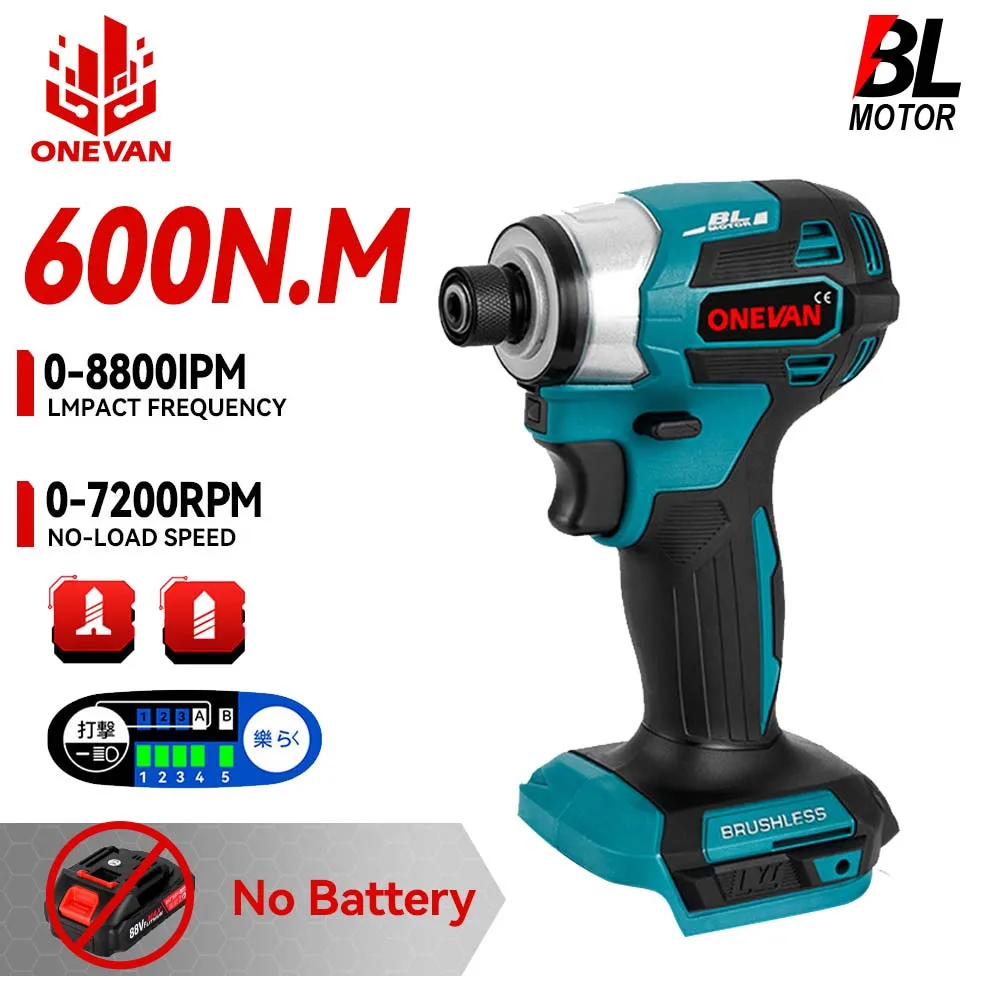 ONEVAN 1000W Cacciavite Elettrico Brushless 600N.M Trapano a percussione a batteria 1/4 Square Drive Strumento di Potere FAI DA TE Per Makita Batteria Spille
