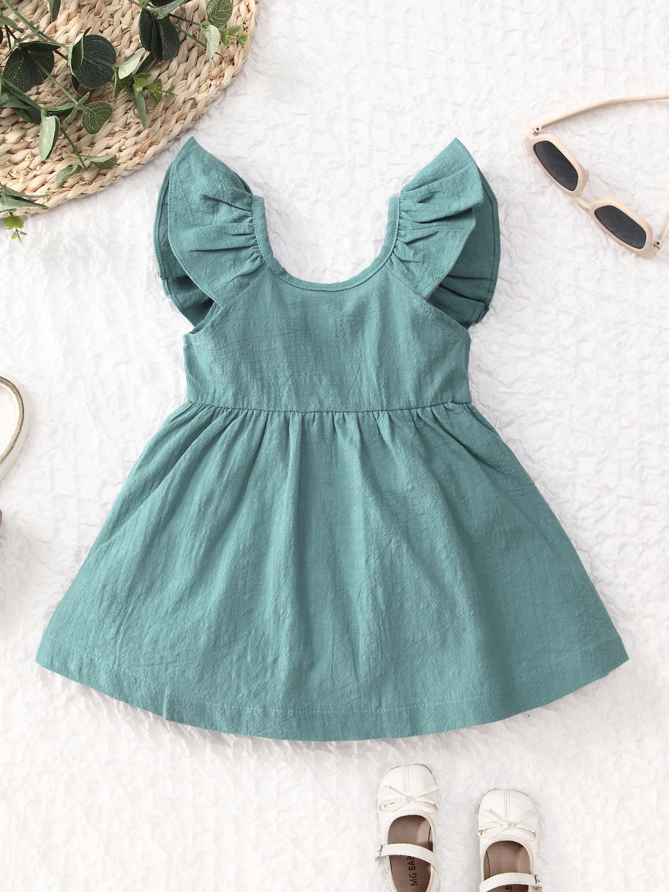 Summer Back Bow Children Girls Flutter Sleeve Princess Dresses Ruffle Sleeve Linen Cotton Baby Kids Dress