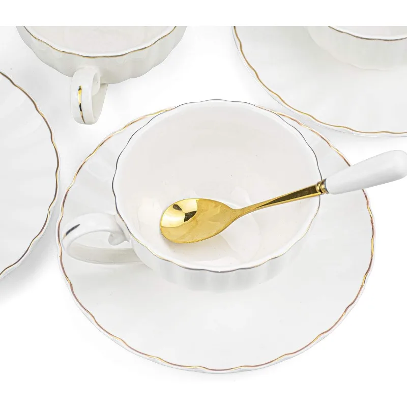 Set of 6 Royal Tea Cups and Saucers with Gold Trim, 8 oz White Porcelain Tea Set & British Coffee Cups, White Latte