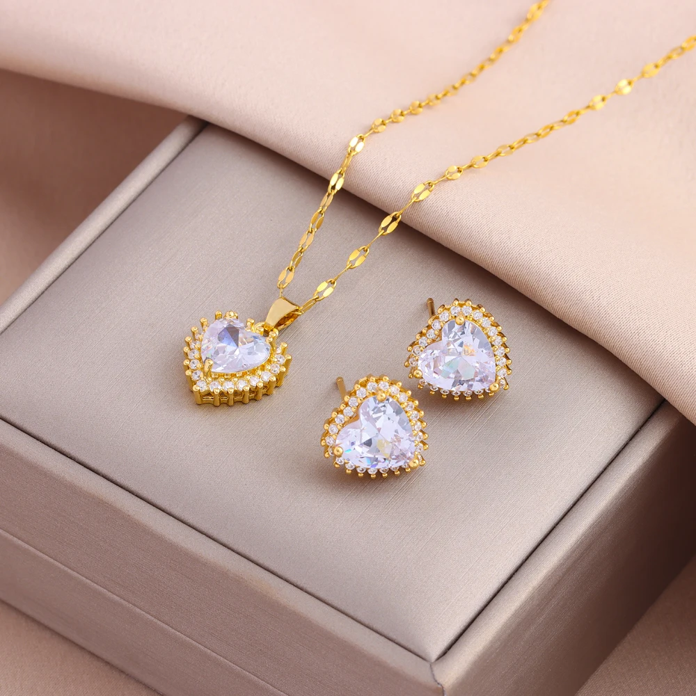New Sparkly Sweet Zircon Love Heart Pendant Necklaces Earrings For Women Female Daily Wear Stainless Steel Jewelry Set Wholesale