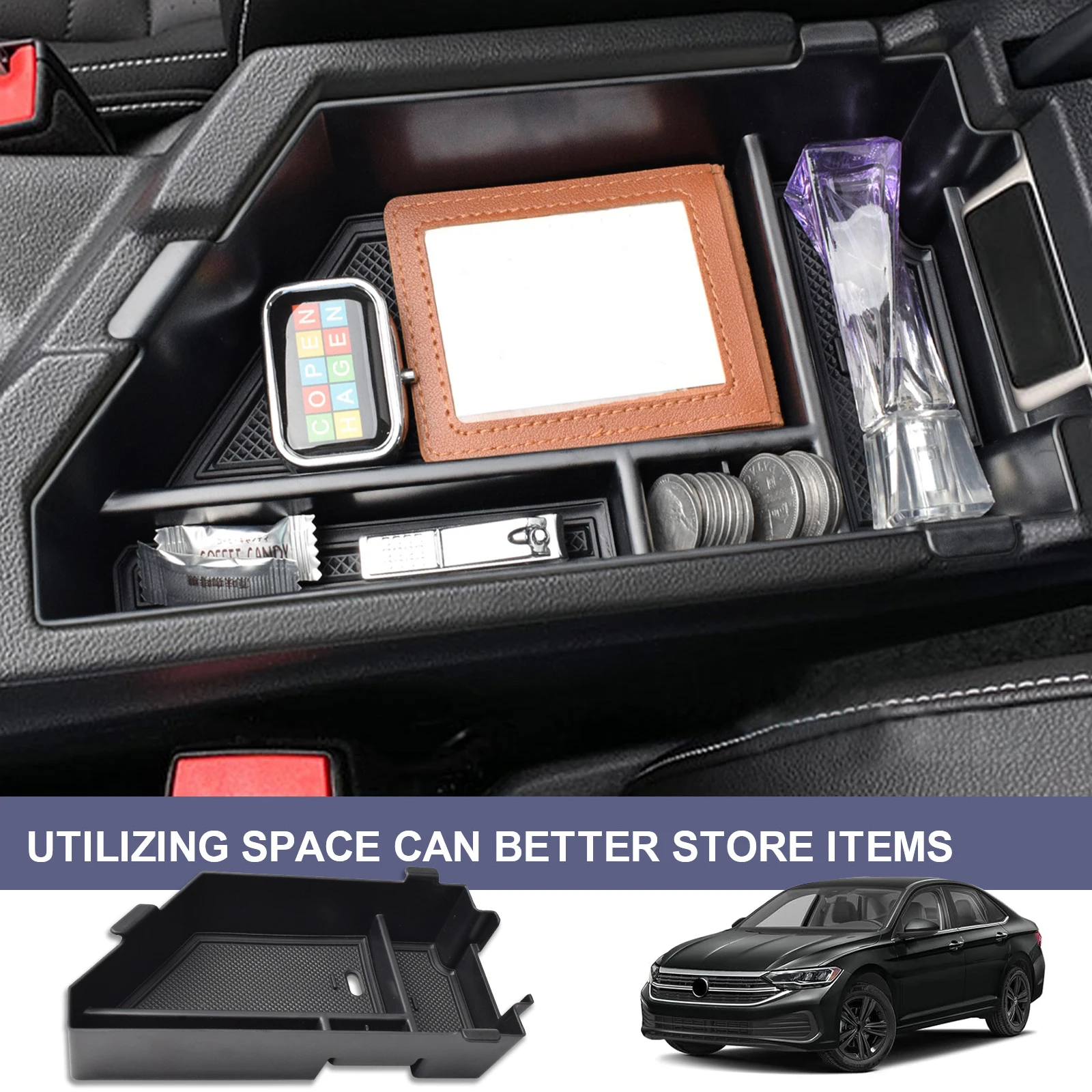 

For Volkswagen Jetta VW 2020-2023 2024 2025 Armrest Box Storage Center Console Organizer Tray Secondary Car Storage Accessories