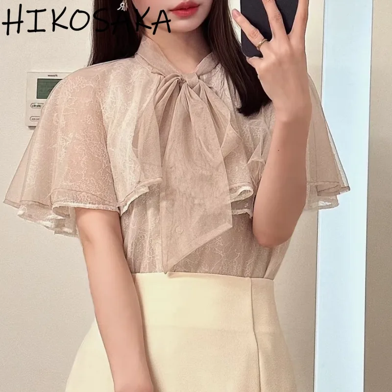 

Summer 2025 New Japanese Sweet Lace Chiffon Blouse Shirts Bow Bandage Cloak Top Chic Elegant Solid Office Lady Blusas Mujer