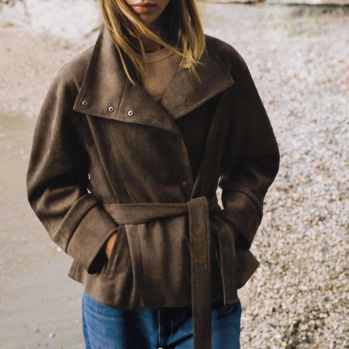 ZADATA Women's Long Sleeve Stand Collar Belted Outerwear Casual Loose Fit Autumn 2026 New Style Quality Effect Coat