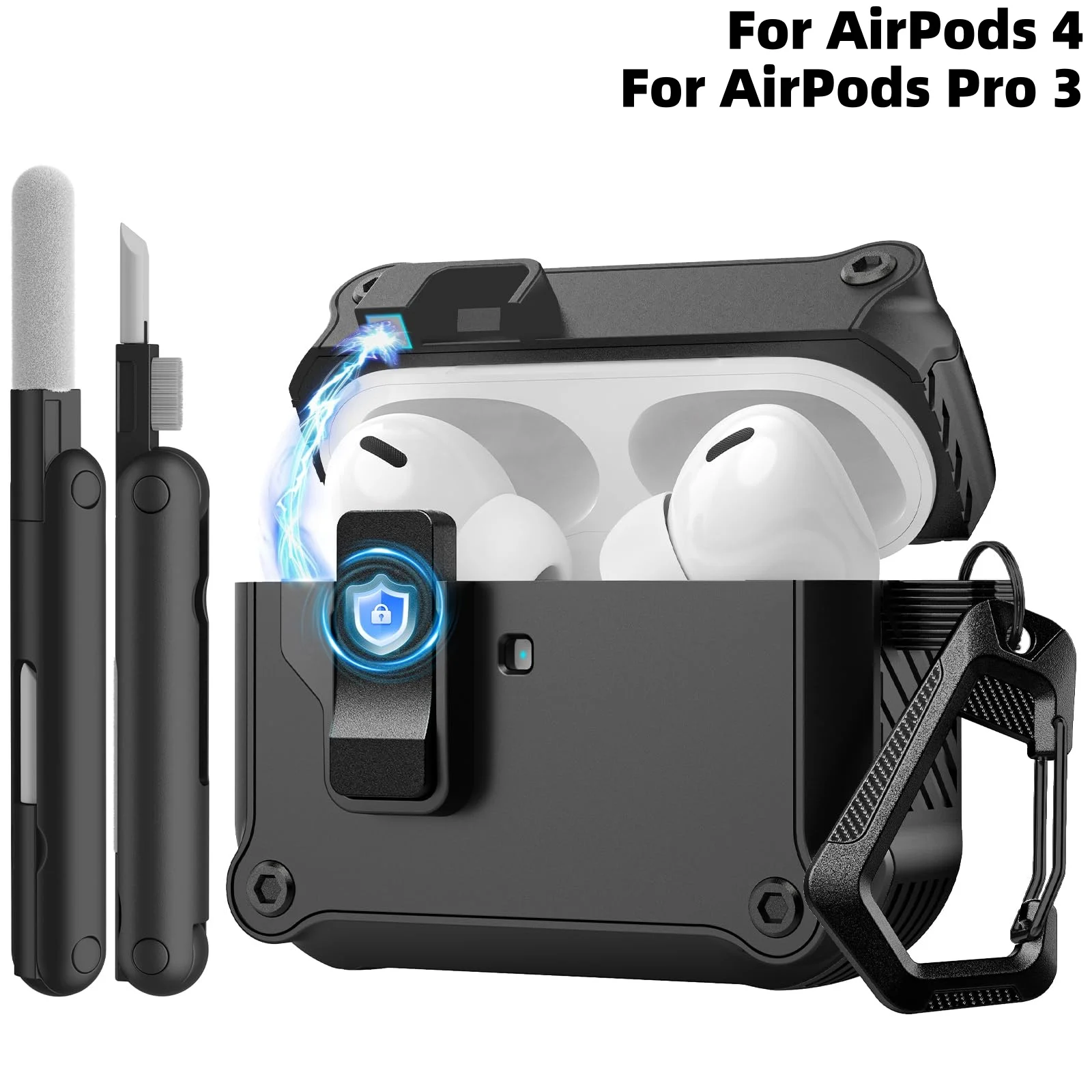 Hülle für Airpods Pro 3/4, Secure Lock Clip, automatischer Pop-up-Schutzhülle mit vollständiger Drop-Schutzhülle für AirPods 4/Pro 3, mit Reinigungsset