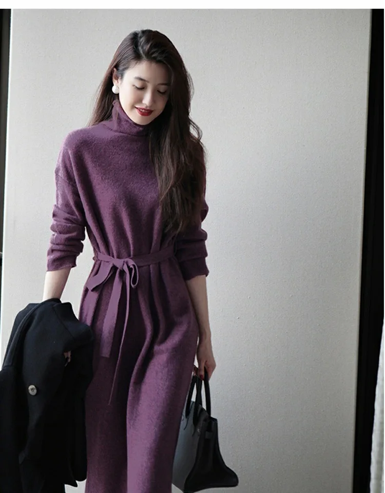 Purple Turtleneck Knit Bottoming Dress Women\'s Spring And Autumn Coat New Temperament Knee-Length Sweater Long Skirt