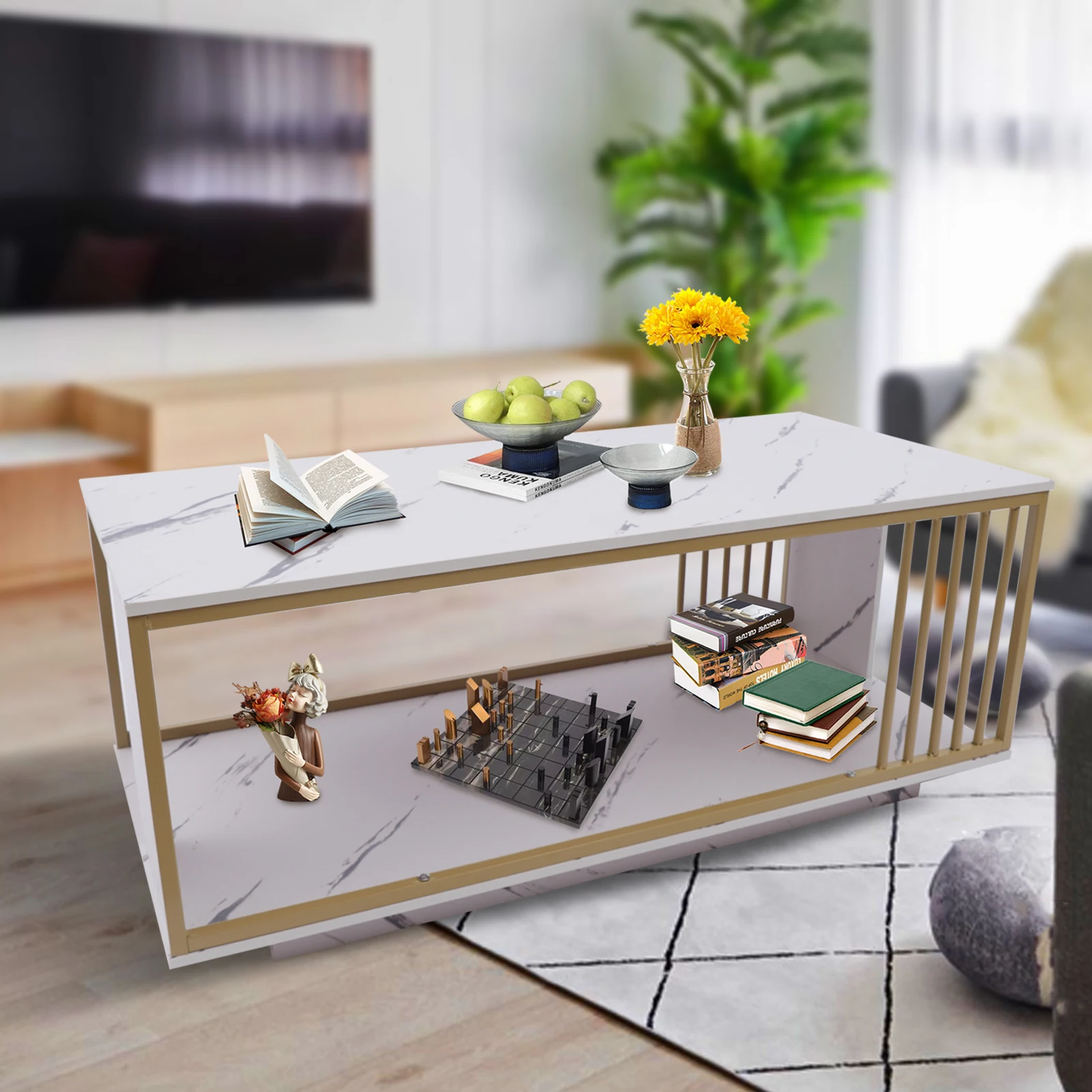 Modern White Faux Marble Coffee Table, 2 Tier Wood Coffee Table with Gold Frame Center TV Table Sofa End Table for Living Room