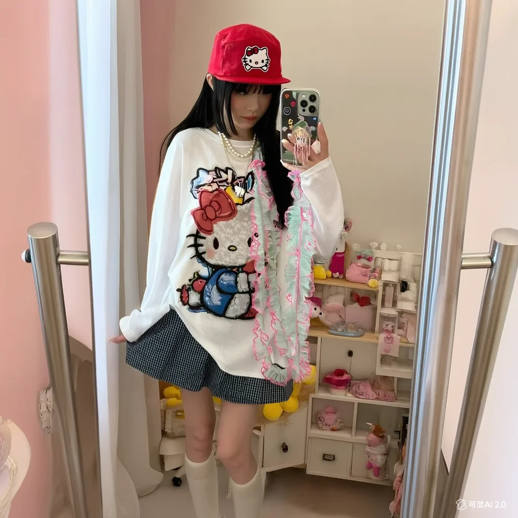Kawaii Koreanische Version Lose Frühling Herbst Look Dünner Hallo Kittys Lose Druck Lange Ärmel T-Shirt Frische Süße Nette Mädchen