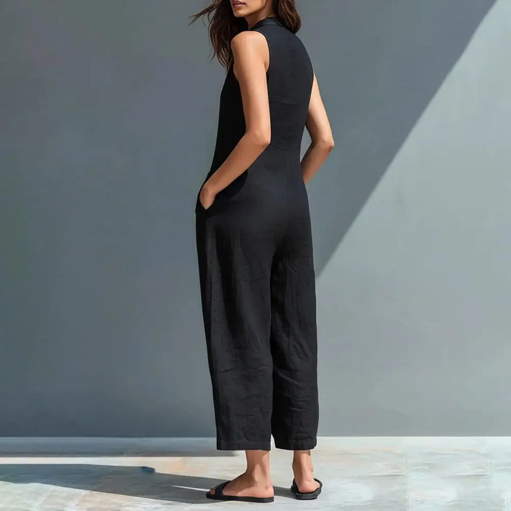 

Wide Leg Long Pants Rompers with Pockets Women's Summer Sleeveless Jumpsuit Button Up Stand Collar Loose One Piece Overalls