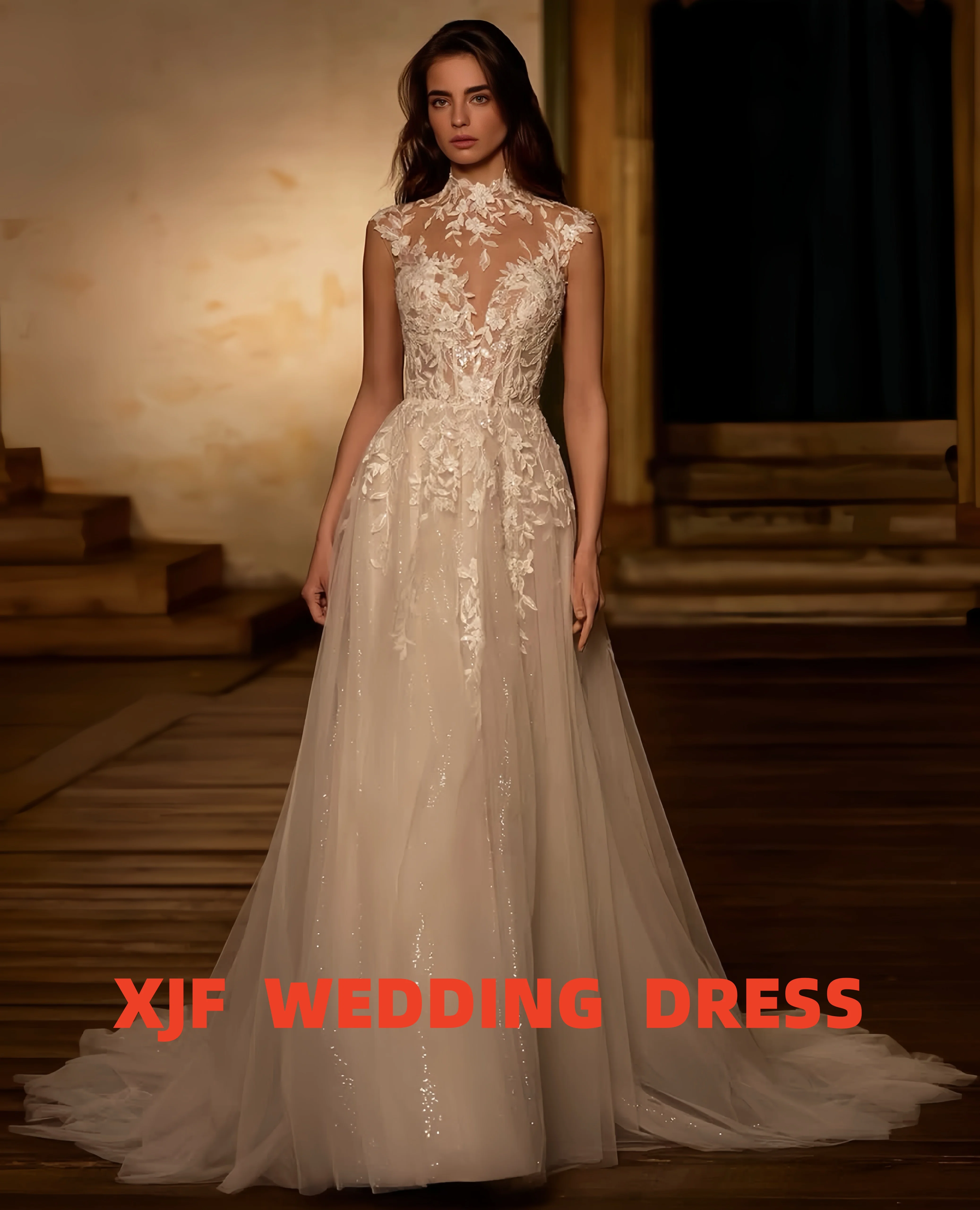 

Элегантное свадебное платье с надписью по индивидуальному заказу, с высоким воротником, без рукавов, из тюля трапециевидной формы, свадебные платья, платья de novia