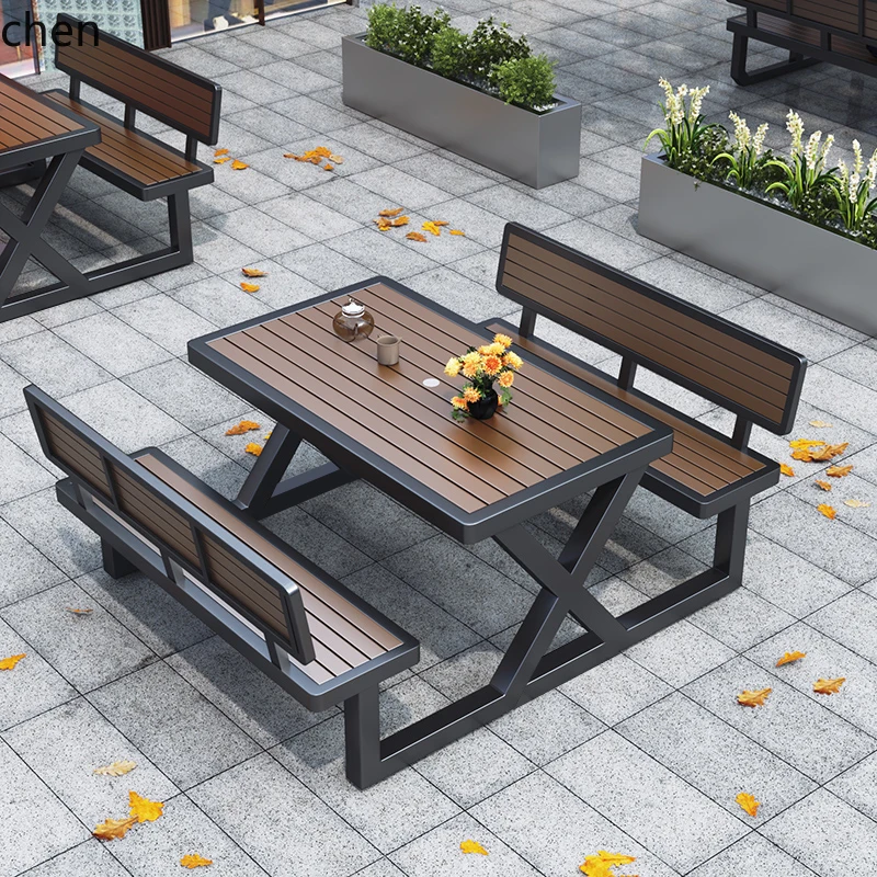 ZML Integrated Outdoor Plastic Wood Table and Chair Set for Courtyard Garden Outdoor Open Space Park