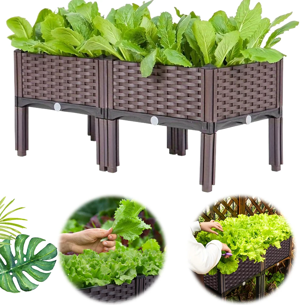Elevated Plastic Raised Garden Bed Planter Outdoor Planters with Drain Outlet for Patio Deck Porch for Vegetable Flower Herb