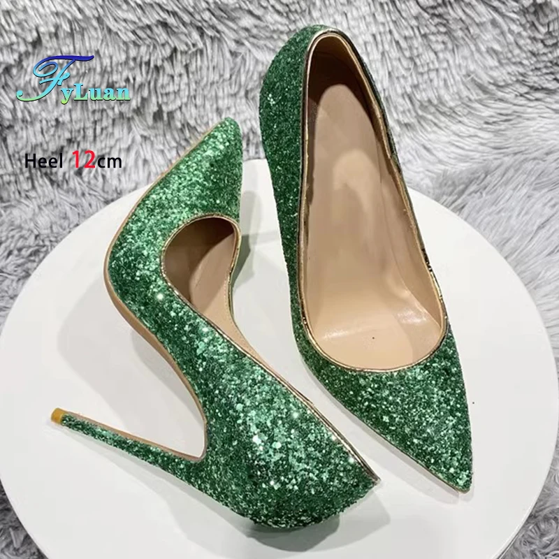 Green Glitter Sequin High Heels 8CM 10CM 12CM Stiletto Sexy Pointed Club Party Shoes Women Shallow Slip-On Fashion Elegant Pumps