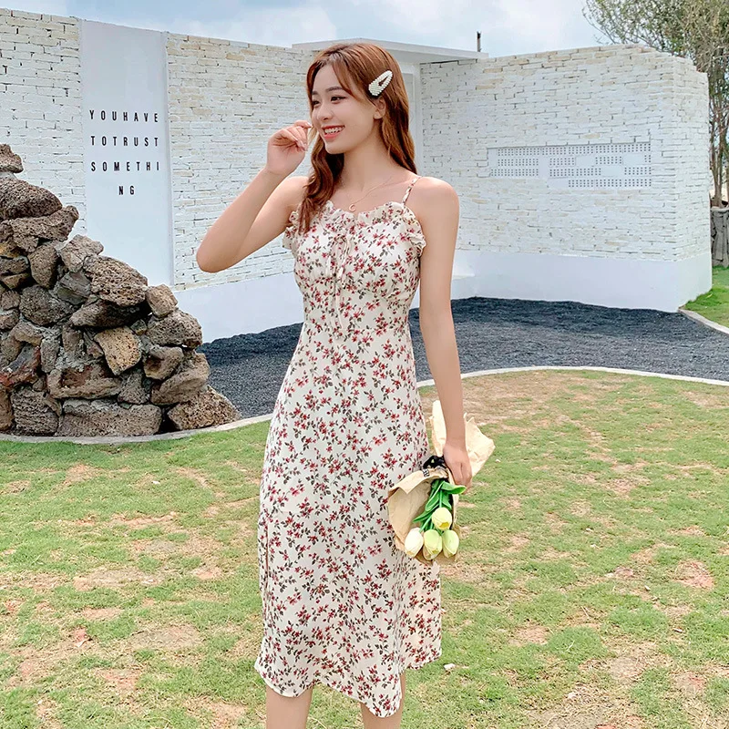 

2024 Summer Women's dress Bohemian Dresses Slim Floral Printing Spaghetti Strap Holiday trip