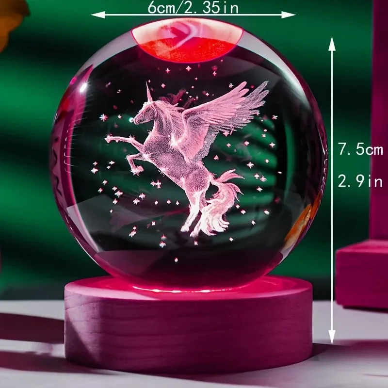 E5 Unicorn 3D Carved Crystal Ball with Wooden Colored LED Lamp Holder Home Decoration Girlfriend Colleague Wife Decor Ball Light