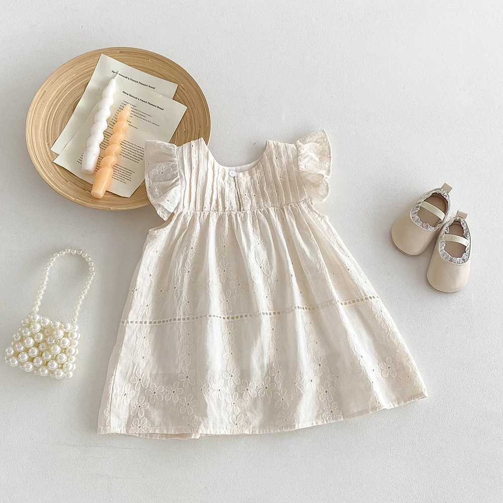 Mädchen Prinzessinnen-Plissee-Kleid Kleinkind Stickerei Rüschen Spitzenärmel Kleider Sommer Blumenmuster Lässiges Strandkleid Kinderkleidung