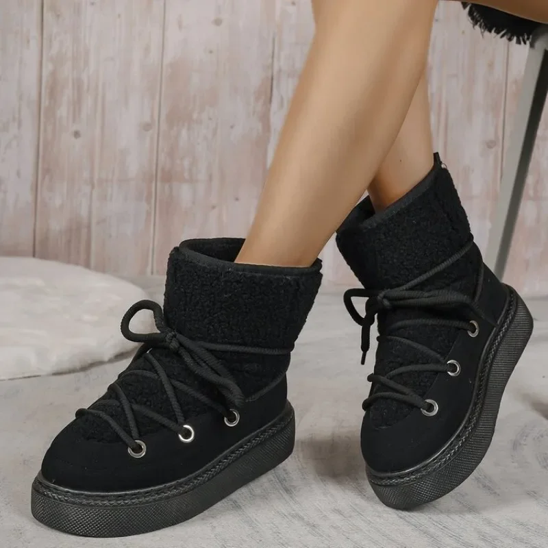 

Winter New Women's Plush Ankle Boots Short Tube Snow Boots Lace Retro Thick Bottom Plush Warm Casual Cotton Boots Large 43