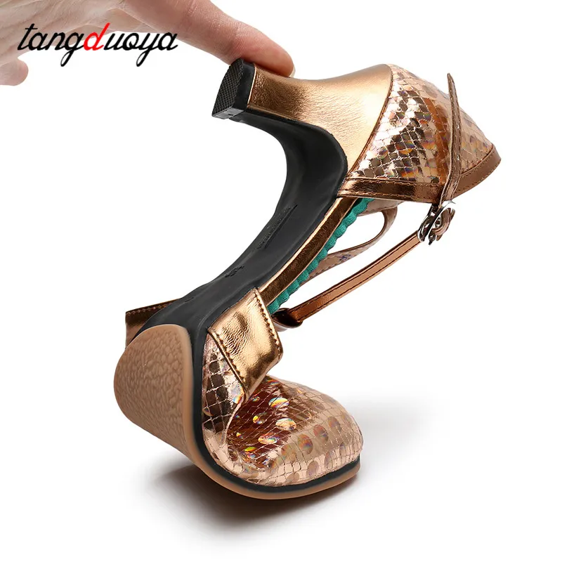 Sepatu dansa Salsa sepatu dansa Latin wanita sepatu dansa ujung tertutup Glitter hak tinggi 5.5cm sepatu dansa Tango Ballroom sandal perempuan wanita