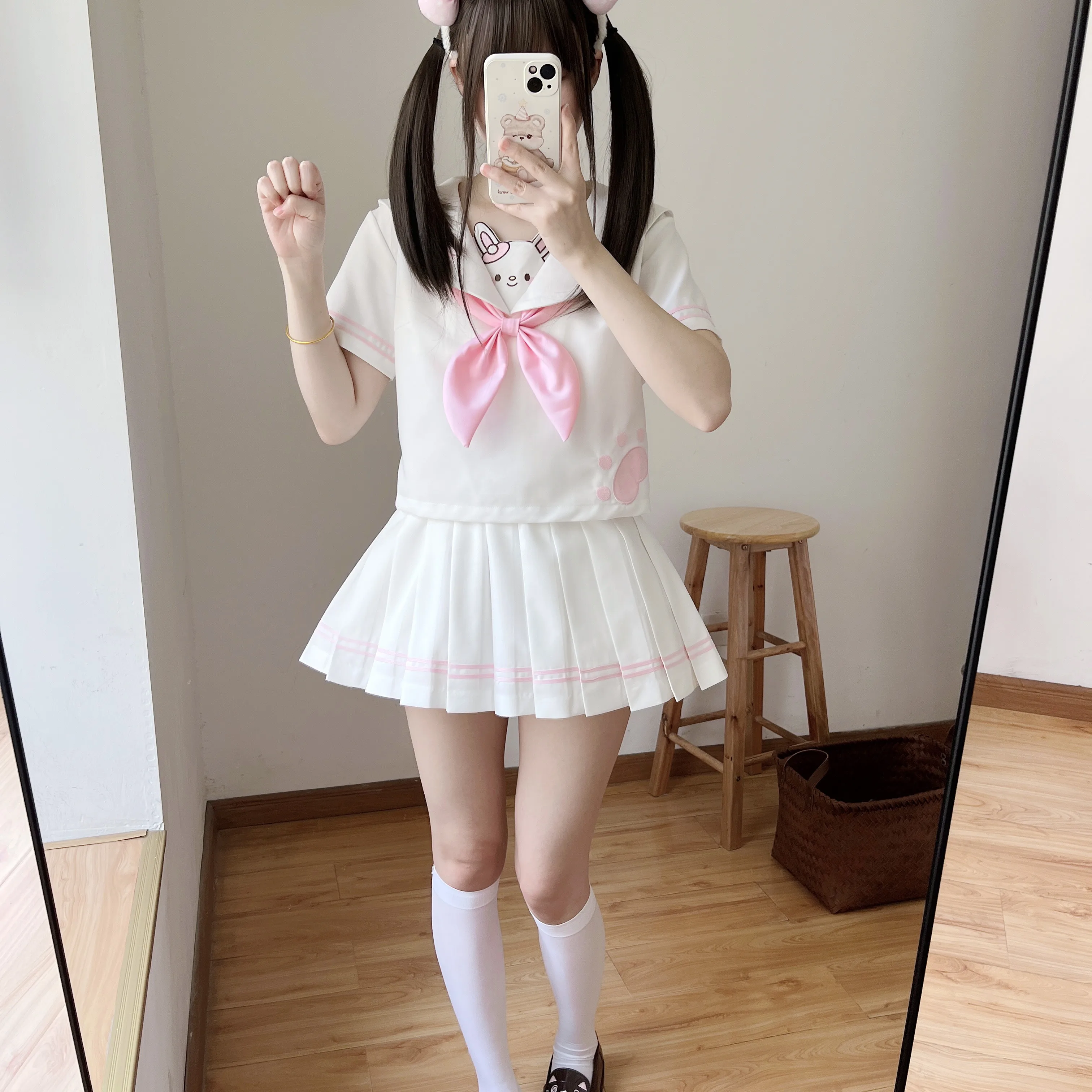 Original Japanese Kawaii Girls Skirt Set 2025 Summer New Y2k Daughter's JK Sailor Uniform Embroidered Navy Collar Top Skirt Set