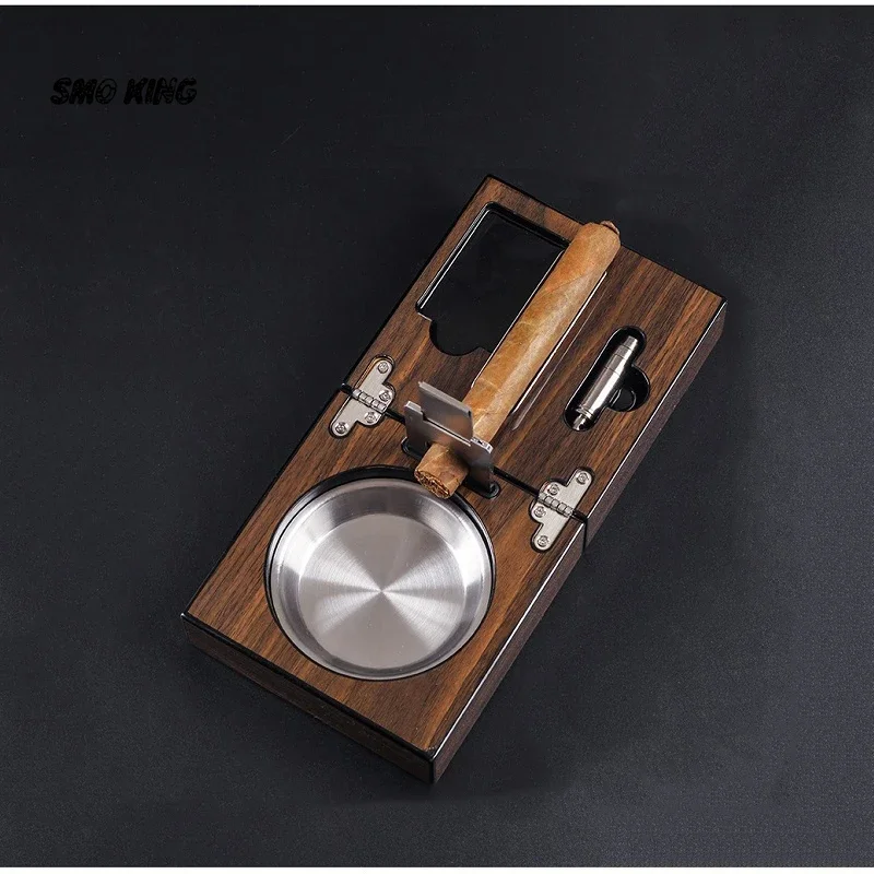 

MOONSHADE Stainless Steel Cuban Cigar Ashtray with Foldable Walnut Wood Box Cigar Knife Cigarette Holder for Travel Cenicero