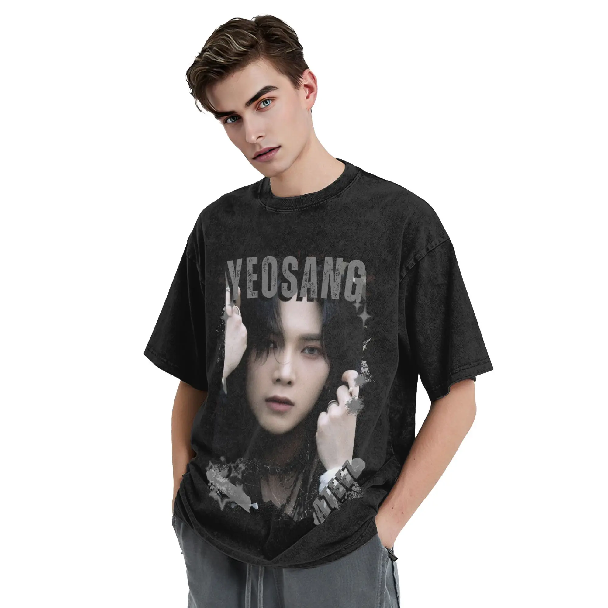 Kpop Boy Group A-Ateez Yeosang Washed T Shirt Streetwear  Cool T-Shirts  Tees Tops for Men Women 100% Cotton Harajuku Summer